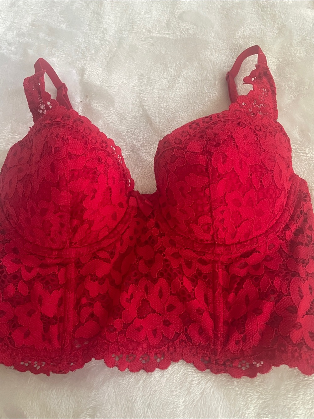 Victoria’s Secret red lace underwire corset Demi bra adj  straps sexy 34B